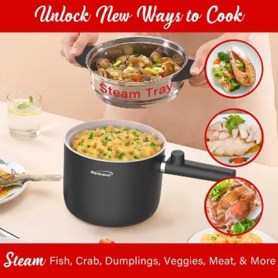 Brentwood 600-Watt 1.6-Qt. Multifunction Electric Hot Pot Cooker with Ceramic Non-Stick Ceramic Coating and Stainless-Steel Food Steamer, Black image {4}