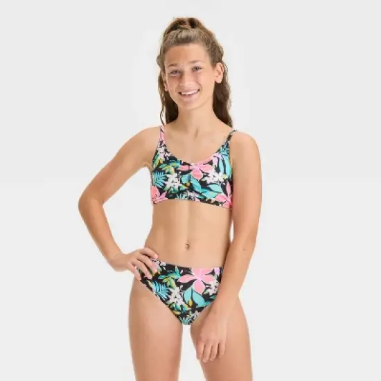 Girls' Ebony Tropical Floral Printed Bikini Swim Bottom - art class&trade; Black image {2}