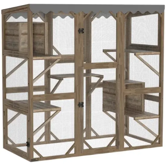 PawHut Catio Outdoor Cat Enclosure, Wooden Cat House with Window Access, 5 Platforms and 2 Resting Boxes, Waterproof Roof for Multiple Cats, Brown image {6}
