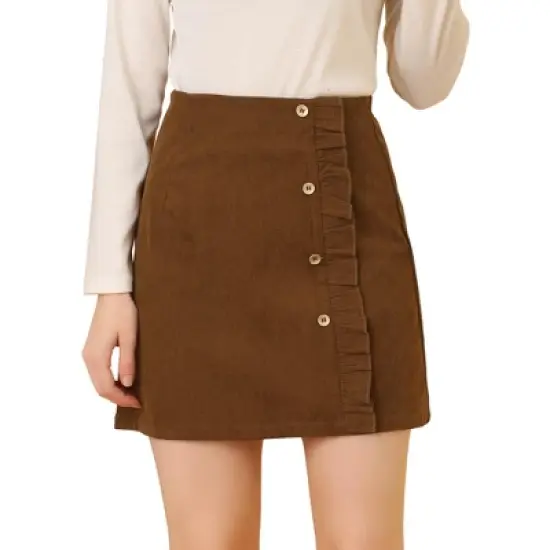 Allegra K Women's Corduroy Vintage Button Decor Ruffled Trim High Waist Mini Skirt image {7}