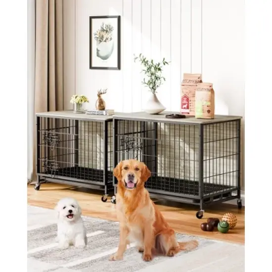 27.2" Dog Crate Furniture with Removable Tray and Wheels for Small Dogs, Wooden Dog Kennel Furniture with Double-Doors,Grey image {7}