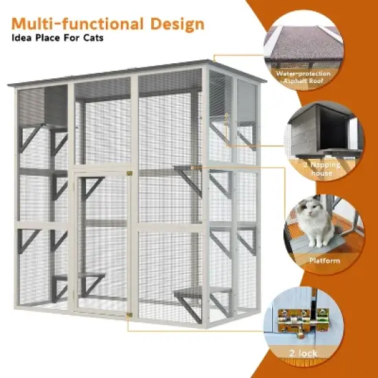 APRILSOUL70.90"Wooden Outdoor Catio Cat Enclosure with Weatherproof Asphalt Roof, Large Walk-in Cat House,Gray image {7}