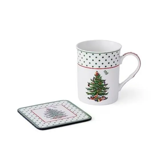 Spode Christmas Tree Polka Dot Mug & Coaster Set with Tin Box (5-Piece Set) - Porcelain Mugs and Cork-Backed Coasters - Dishwasher & Microwave Safe image {2}