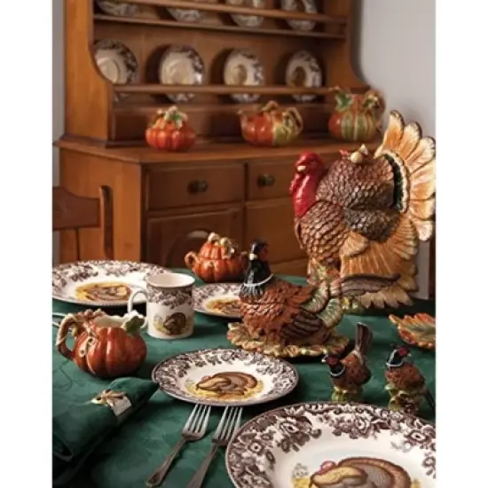 Spode Woodland Turkey Round Platter - 12" Fine Porcelain Serving Tray with British Flowers Border, Rustic Thanksgiving Design - Made in England image {4}