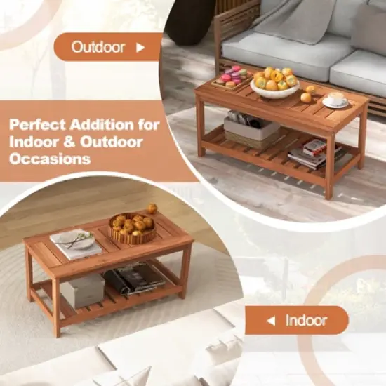 Tangkula Patio Hardwood Coffee Table 2-Tier Wooden Coffee Table with Slatted Tabletop & Storage Shelf Outdoor Rectangular Cocktail Table image {3}