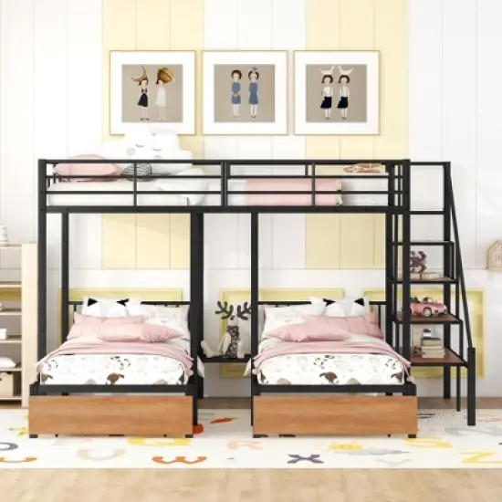 Full over Twin-Twin Triple Bunk Bed with Drawers and Staircase - ModernLuxe image {1}
