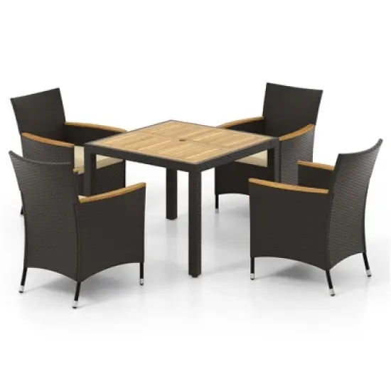 Costway 5 PCS Patio Dining Table Set for 4 Rattan Conversation Set with Umbrella Hole image {9}