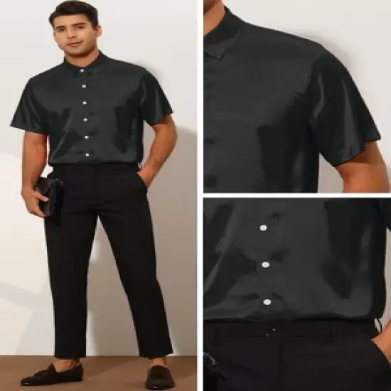 Lars Amadeus Men's Summer Short Sleeve Point Collar Button Down Satin Shirts image {4}