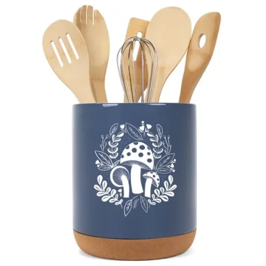 Elanze Designs 8 inch Floral Mushroom Leaf Large Ceramic Kitchen Utensil Holder Navy Blue and White Crock with Cork Base image {5}
