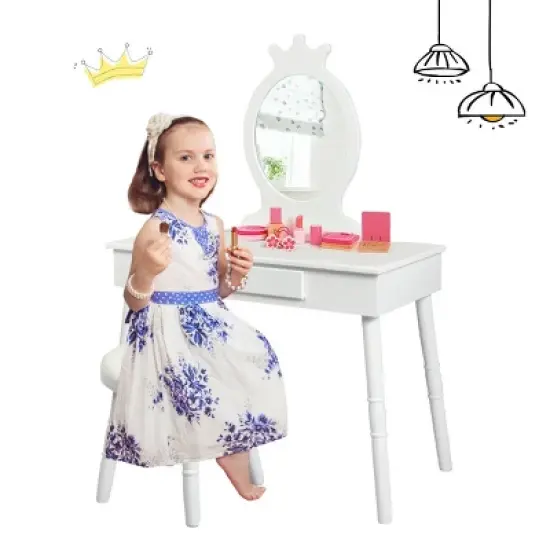 Costway Kids Vanity Makeup Table & Chair Set Make Up Stool Play Set for Children image {5}
