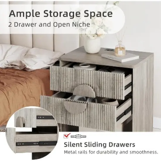 Fluted Nightstand, Side Table with 2 Drawer, Modern Farmhouse Nightstand with Open Shelves, Wood Nightstand for Bedroom Sofa Office image {4}