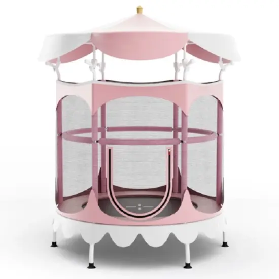 Costway 64'' Kids Trampoline w/ Detachable Canopy Safety Enclosure Net Foam Handle Pink/Orange image {11}