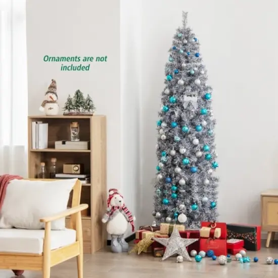 Costway 7 FT Pre-Lit Christmas Tree Hinged Slim Pencil w/ 350 LED Lights 670 Branch Tips image {2}