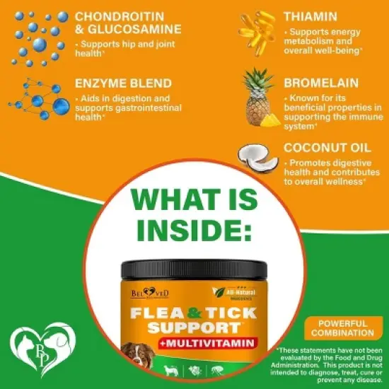 Beloved Pets Flea & Tick Support + Complex Multivitamin Soft Chews for Skin & Coat Supplement for Dogs, 10 Oz - 1 Pack image {3}
