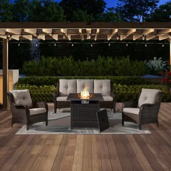 4 Pieces Patio Furniture Set with Fire Pit Table, Outdoor Sofa Set with 50000 BTU Fire Pit All Weather Wicker Patio Couch and Club Chair image {10}