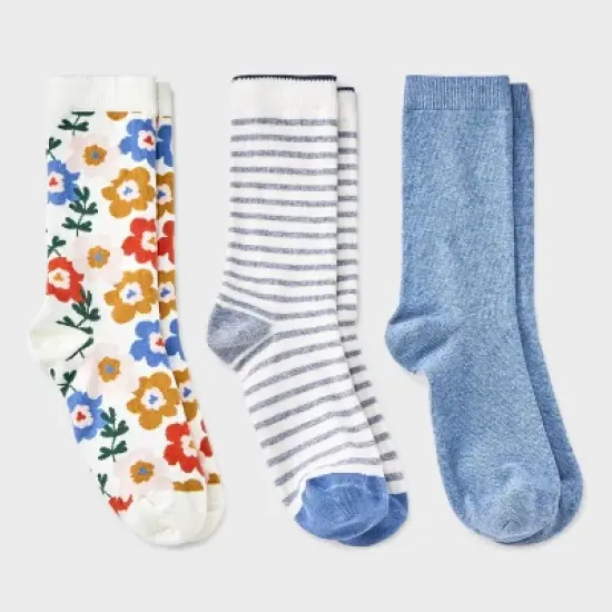 Women's Floral 3pk Crew Socks - A New Day&trade; Ivory/Blue/Gray 4-10: Tagless, Smooth Toe Seams image {3}