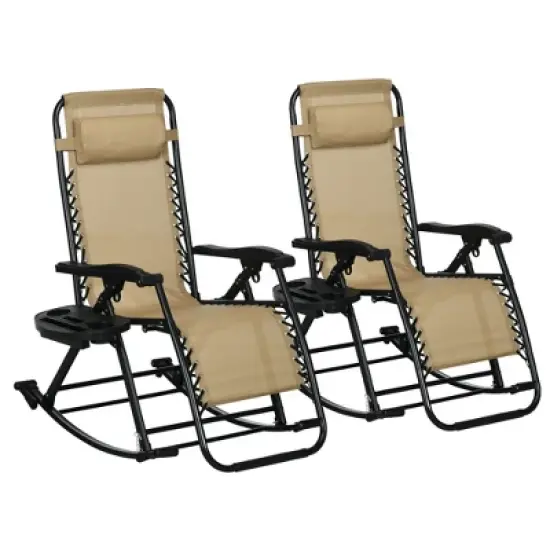TIRAMISUBEST 2-Pack Zero Gravity Rocking Chairs, Foldable Outdoor Lounge Recliners with Pillow, Cup Holder & Phone Pocket, Beige image {1}