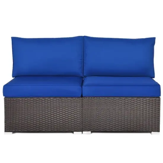 Costway 2PCS Patio Rattan Armless Sofa Sectional Furniture W/Navy Cushion image {8}