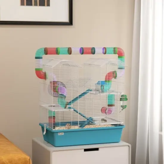 PawHut Large Hamster Cage, 4 Tier Gebril Cage with Tubes, Exercise Wheel, Hut, Water Bottle, Food Dish, Ramps, 22.8" x 14.2" x 25.6", Light Blue image {2}
