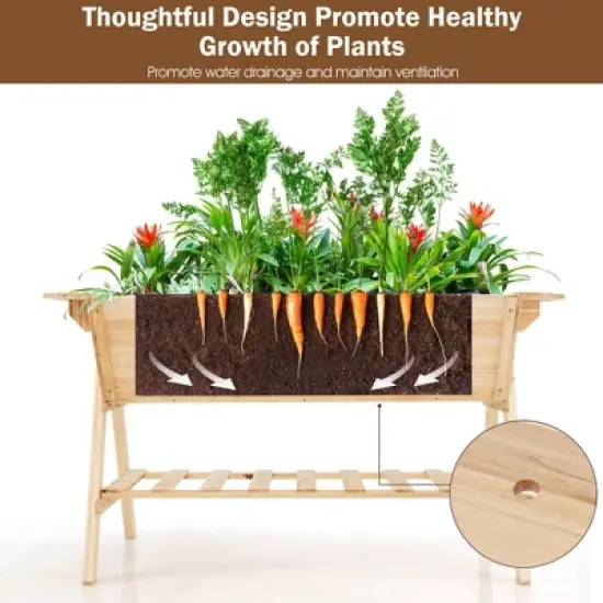 Costway 59'' x 31'' x 32.5'' Raised Garden Bed w/ Shelf Wood Elevated Planter Box w/ Liner image {7}