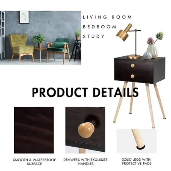 Costway Mid Century Modern 2 Drawers Nightstand Sofa Side Table End Table Espresso image {5}