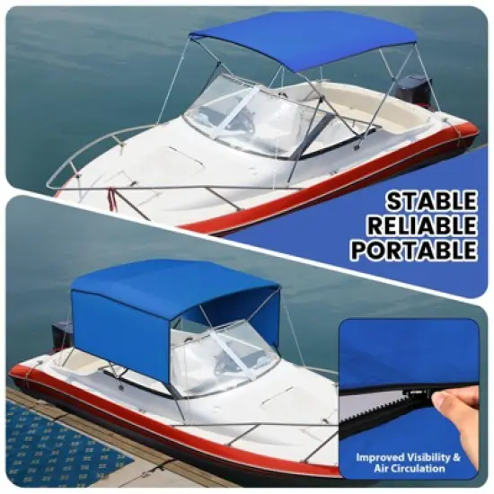 3/4 Bow Bimini Tops with Mesh Sidewalls, Boat Canopy with Support Poles, Marine Grade Pu Coating Canvas, 2 Straps, 2 Rear Support Poles, Zippered Boot image {3}