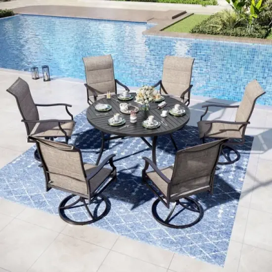 Captiva Designs 7pc Black Slatted Round Steel Table with Umbrella Hole & Grayish Brown Textilene Chairs image {17}