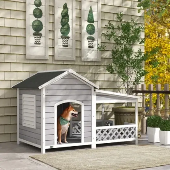 PawHut Wooden Dog House Outdoor with Porch, Raised Dog Shelter with Asphalt Roof, Doors and Shutter Window, for Medium Large Sized Dog, Light Gray image {2}
