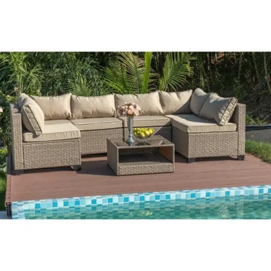 TIRAMISUBEST 7-Piece Patio Furniture Set,Outdoor Wicker Conversation Set Sectional Sofa with Waterproof Cushions & Coffee Table image {7}