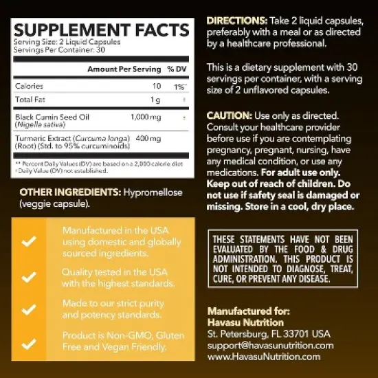 Black Seed Oil Capsules + Turmeric Curcumin Supplement 95% Curcuminoids, Immune & Digestive Health Support, Havasu Nutrition, 60ct image {1}