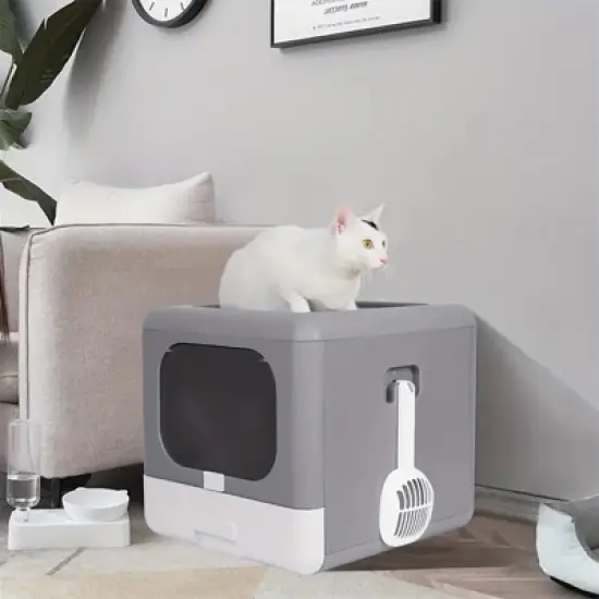 Extra Large Folding Pet Litter Box Portable Durable Cat Gray Litter Toilet Detachable Top Front Entry with Handy Scoop & Remove Tray image {3}