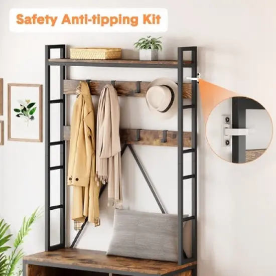 Garvee Hall Tree with Bench Coat Rack Freestanding 5 in 1 Industrial Shoe Bench with 3 Storage Cubbies and 8 Hooks Entryway Coat Rack, Brown image {4}