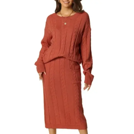 Seta T Womens' Fall Winter Casual Crewneck Sweater Two Pieces Outfit Midi Skirts with Pockets Lounge Set image {7}