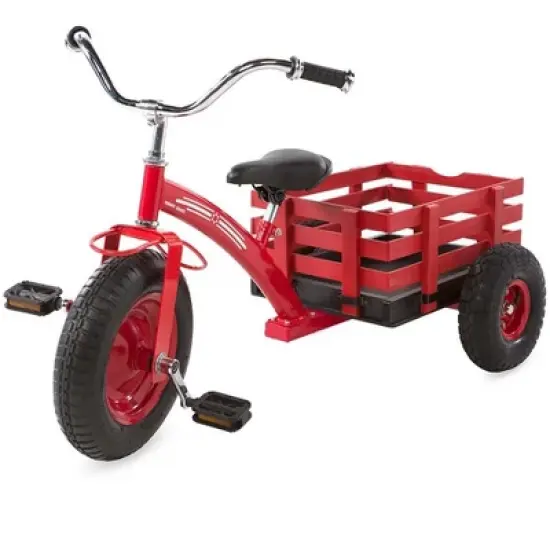 HearthSong Kids Classic Red Metal Tricycle with Attached Slatted-Wood Wagon image {10}