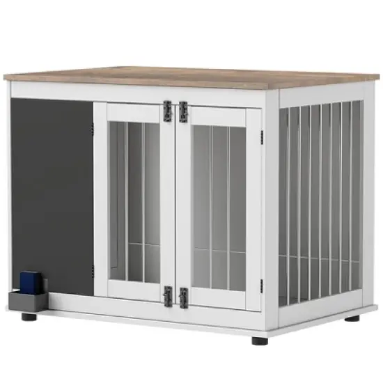 PawHut Furniture Dog Crate, 39" Dog Kennel Furniture Side Table for Large Dogs Up to 66 LBS with Three Doors, Blackboard & Non-slip Foot Pads, White image {3}