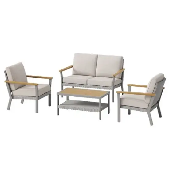 SONGMICS HOME Sencillo Collection - 4 Piece Patio Furniture Set, 2 Lounge Chairs, 1 Loveseat, 1 Coffee Table, Faux Wood, Gray and Beige image {5}