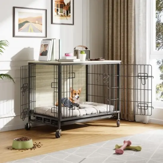 27.2" Modern Double Door Wooden Dog Kennel for Indoor Use with Removable Tray and Mobility Wheels image {8}