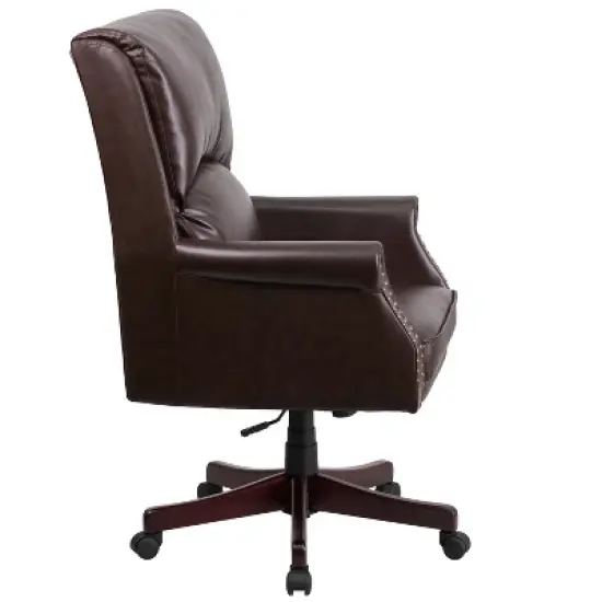 Merrick Lane Ergonomic Executive Office Chair with High Pillowed Back & Rolled Arms In Brown Faux Leather with Mahogany Finish Base image {2}