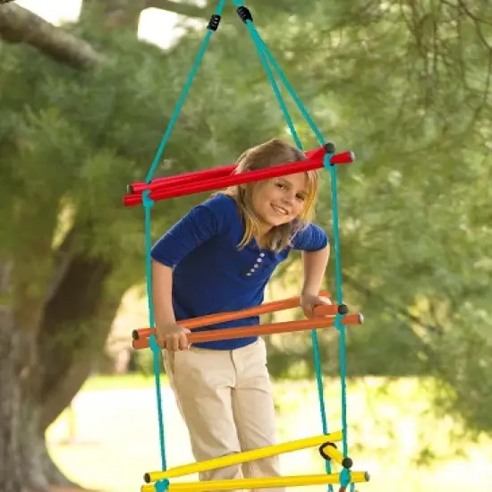 HearthSong Rainbow Triangle Weather-Resistant Kids' Rope Climbing Ladder with Colorful Metal Rungs and Nylon Rope image {2}