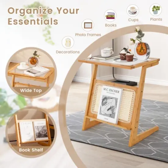 Tangkula 1pc/2pcs Z-shaped Side Table w/ Rattan Shelf Glass Top End Table w/ Magazine Rack Space-saving Sofa side Bedside Table image {6}