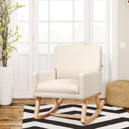 Costway Mid Century Rocking Chair Upholstered Armchair w/ Lumbar Support BeigeGray image {1}