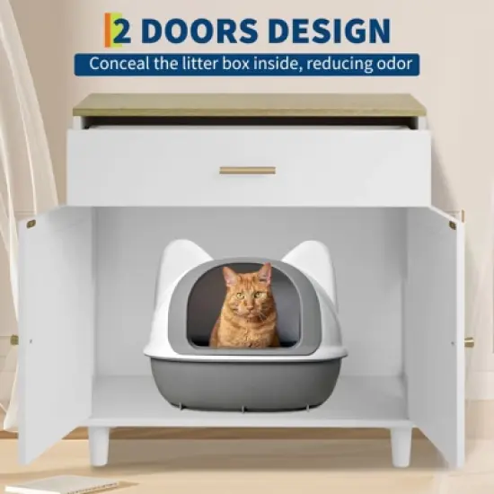Cat Litter Box Cabinet Corner Hidden Litter Box Enclosure with Scratching Board Doors image {5}