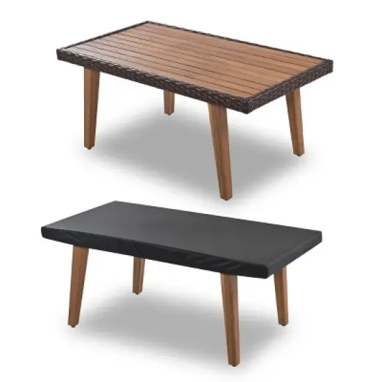 ELJGET 4PCS Patio Furniture Set Rattan Wicker Conversation Set with Wooden Coffee Table & Beige Cushions image {6}