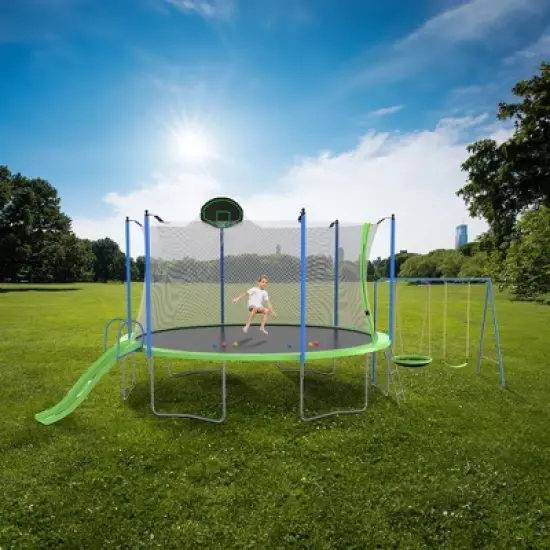 NAYSAYE Trampoline 12FT with Slide and Swings Basketball Hoop and Ladder for Outdoor Backyard Use, Green, 254.00"*144.00"*121.20" image {1}