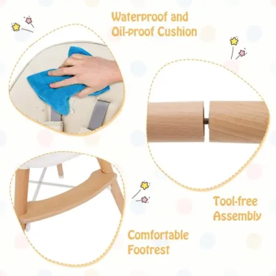 Babyjoy Baby High Chair Wooden Feeding Chair with 4-Gear Tray & Removable Cushion Beige/Grey image {6}