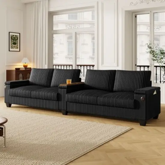 4-seater Corduroy Sofa Couch 133" Modern Sofa with USB Ports, Hidden Storage Arms, Flip-Top Cup Holders for Living Room, Black image {10}