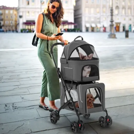 Costway Double Pet Stroller for 2 Dogs or Cats w/ 2 Detachable Carriers Safety Belt Gray image {3}