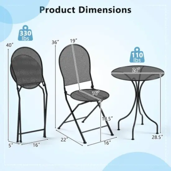 Costway 3 PCS Metal Bistro Set Round Table & 2 Folding Chairs with Rattan-Like Pattern Black/White image {2}
