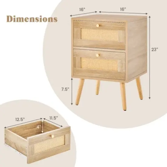 Costway 1/2 PCS Rattan Nightstand Boho Accent Bedside Table with 2 Storage Drawers Natural image {3}
