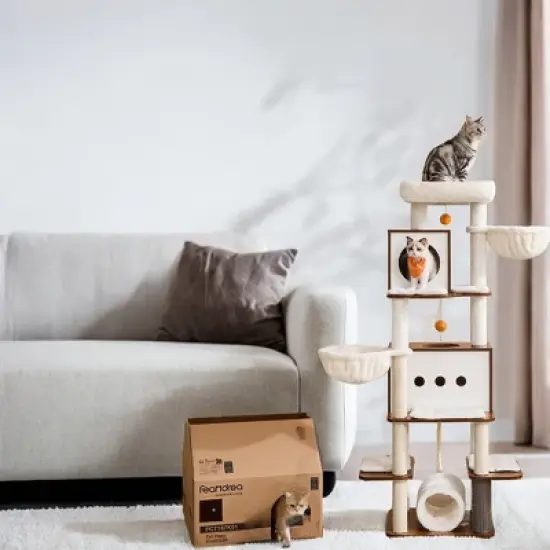 LEDREM 64.5-Inch Cat Tree Tall Cat Tower for Large Indoor, Multi-Level Cat Condo with 2 Hammocks, 4 Scratching Posts, Cat Houses, Rustic Brown image {1}